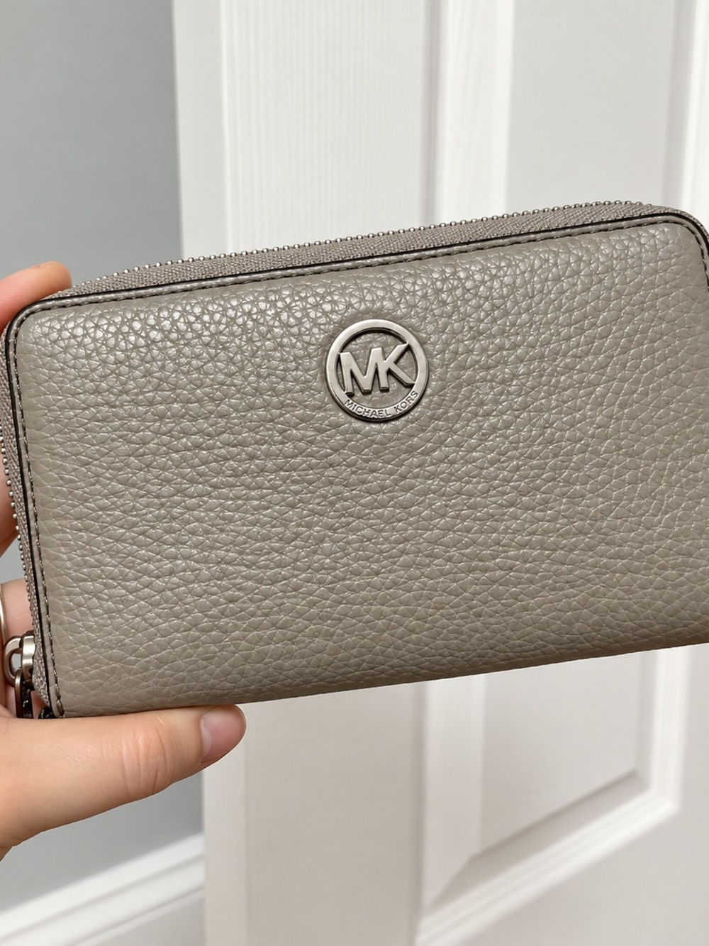 Michael Kors Taupe Pebbled Leather Zip Wallet with MK Logo
